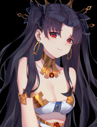 Rule 34 | 1girl, absurdres, armlet, asymmetrical sleeves, bad id, bad pixiv id, black background, black hair, blush, breasts, bridal gauntlets, cleavage, crown, detached collar, detached sleeves, earrings, elbow gloves, fate/grand order, fate (series), gloves, highres, hoop earrings, ishtar (fate), ishtar (fate), jewelry, long hair, looking at viewer, red eyes, simple background, single detached sleeve, single elbow glove, single sleeve, small breasts, solo, thighhighs, tiara, two side up, uneven sleeves, upper body