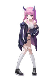 Rule 34 | 1girl, absurdres, arm strap, black footwear, black shorts, closed mouth, commentary, commission, full body, hand on knee, highres, horns, jacket, kneehighs, long hair, long sleeves, looking at viewer, off shoulder, original, pink eyes, pink hair, purple jacket, sarashi, shoes, shorts, simple background, sneakers, socks, solo, thigh strap, white background, white socks, yoon cook
