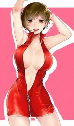 Rule 34 | 1girl, armpits, arms up, bare shoulders, breasts, brown eyes, brown hair, center opening, cleavage, collarbone, commentary request, dress, itoko (i t k), large breasts, legs, looking at viewer, meiko (vocaloid), parted lips, pink background, red dress, short hair, sleeveless, sleeveless dress, solo, standing, unzipped, vocaloid, zipper, zipper pull tab
