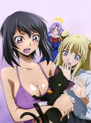 Rule 34 | 3girls, anna clement, bare shoulders, black hair, blonde hair, breasts, cat, cleavage, clenched hands, code geass, code geass: boukoku no akito, collarbone, covering own mouth, green eyes, hair ornament, hand over own mouth, highres, kousaka ayano, large breasts, leila malcal, long hair, multiple girls, official art, one eye closed, open mouth, pink eyes, purple background, purple eyes, purple hair, purple shirt, scan, shiny skin, shirt, short hair, sideboob, simple background, uniform, white shirt