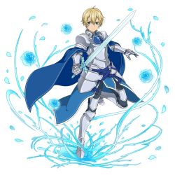 Rule 34 | 1boy, armor, armored boots, black pants, blonde hair, blue cape, blue eyes, blue flower, boots, cape, eugeo, flower, full armor, full body, gauntlets, hair between eyes, holding, holding sword, holding weapon, looking at viewer, male focus, one eye closed, pants, shoulder armor, solo, pauldrons, standing, standing on one leg, sword, sword art online, transparent background, weapon