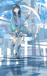 Rule 34 | 1girl, abstract background, artist name, bare legs, black hair, blue eyes, blue sky, blue theme, blunt bangs, boots, cloud, coat, highres, jacket, knee boots, long hair, looking away, looking up, md5 mismatch, miniskirt, motor vehicle, open mouth, original, pomodorosa, puddle, reflection, scooter, skirt, sky, solo, standing, straight hair, transparent, transparent umbrella, umbrella, vehicle, water, water drop, wet