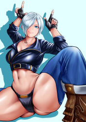 Rule 34 | 1girl, abs, absurdres, angel (kof), backless pants, blue eyes, boots, bra, breasts, chaps, cleavage, cowboy boots, crop top, cropped jacket, horns pose, fingerless gloves, gloves, hair over one eye, highres, horns pose, index fingers raised, jacket, large breasts, leather, leather jacket, looking at viewer, midriff, navel, panties, pants, short hair, smile, solo, strapless, strapless bra, sukapin (rmpe5448), the king of fighters, the king of fighters xiv, thighs, toned, underwear, white hair