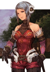 Rule 34 | 1girl, arciela v adoulin, bare shoulders, breasts, brown gloves, closed mouth, cowboy shot, final fantasy, final fantasy xi, gloves, grey hair, hungry clicker, short hair, smile, solo