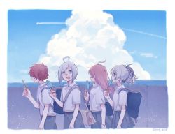Rule 34 | 1girl, 2boys, ahoge, bag, blouse, blue eyes, blue sky, cloud, commentary, contrail, cumulonimbus cloud, day, flower (vocaloid), flower (vocaloid3), flower (vocaloid4), food, from side, fukase, grey pants, grey skirt, holding, holding food, long hair, looking at viewer, mi no take, multicolored hair, multiple boys, ocean, outdoors, pants, pink hair, popsicle, popsicle stick, purple eyes, purple hair, red hair, school bag, school uniform, sf-a2 miki, shirt, short hair, short sleeves, shoulder bag, skirt, sky, streaked hair, symbol-only commentary, upper body, utatane piko, vocaloid, walking, white hair, white shirt