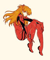 Rule 34 | 1girl, artist name, blue eyes, bodysuit, fetal position, from side, full body, hair between eyes, highres, invisible chair, long hair, looking at viewer, manreeree, neon genesis evangelion, orange hair, plantar flexion, plugsuit, shiny clothes, simple background, sitting, solo, souryuu asuka langley, two side up, wide hips