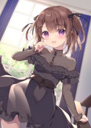 Rule 34 | 1girl, :d, black dress, blush, breasts, brown hair, comiket 99, commentary request, curtains, day, dress, frilled dress, frills, hair between eyes, highres, indoors, long sleeves, looking at viewer, medium breasts, miyasaka miyu, nail polish, off-shoulder dress, off shoulder, open mouth, original, pink nails, purple eyes, railing, see-through, see-through sleeves, sleeves past wrists, smile, solo, two side up, window