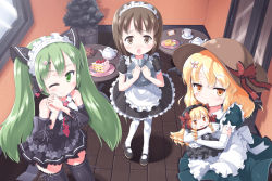 Rule 34 | 3girls, black thighhighs, blonde hair, blush, bow, brown eyes, brown hair, cake, child, cookie, doll, door, dress, elbow gloves, female focus, food, gloves, green eyes, green hair, hagiwara yukiho, hair ornament, hairclip, hat, hatsune miku, idolmaster, idolmaster (classic), indoors, kana anaberal, long hair, maid, maid headdress, mary janes, morujii, multiple girls, necktie, one eye closed, open mouth, pastry, phantasmagoria of dim.dream, plant, plate, ribbon, shoes, short hair, skirt, smile, tables, tea, thighhighs, touhou, touhou (pc-98), twintails, vocaloid, waitress, white thighhighs, window, wink, wooden floor, yellow eyes, zettai ryouiki