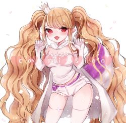 Rule 34 | 1girl, blush, commission, confetti, crown, dungeon and fighter, english text, fang, frilled shirt, frills, gloves, hands up, heart, highres, long hair, looking at viewer, open mouth, pointy ears, red eyes, shirt, shorts, standing, thighhighs, twintails, very long hair, watermark, white gloves, white shirt, white shorts, white thighhighs, yomi yojo