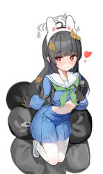Rule 34 | 1girl, absurdres, ahoge, arm support, black gloves, black hair, blue archive, blue serafuku, blue shirt, blue skirt, blush, closed mouth, clothes lift, commentary request, full body, gloves, green neckerchief, halo, headgear, heart, highres, komi (komiking), lifting own clothes, long sleeves, looking at viewer, miyu (blue archive), navel, neckerchief, nose blush, pantyhose, pleated skirt, puffy long sleeves, puffy sleeves, red eyes, sailor collar, school uniform, serafuku, shirt, shirt lift, shoes, simple background, skirt, solo, trash bag, white background, white footwear, white pantyhose, white sailor collar