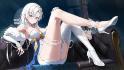 Rule 34 | 1girl, armpits, artist name, bare shoulders, blue eyes, blue nails, breasts, bridal gauntlets, cleavage, closed mouth, couch, detached collar, dress, full body, garter straps, hair ornament, high heels, highres, large breasts, legs, long hair, looking at viewer, nail polish, nea (nea 77), on couch, original, parted bangs, signature, single thighhigh, sitting, smile, solo, strapless, strapless dress, thighhighs, thighs, twitter username, watermark, white dress, white footwear, white hair, white thighhighs