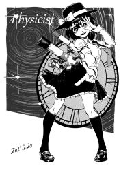 Rule 34 | 1girl, black hat, black skirt, black socks, bow, collared shirt, dated, dotted line, dress shirt, english text, finger gun, greyscale, hair between eyes, hat, hat bow, heran hei mao, kneehighs, limited palette, loafers, long sleeves, looking at viewer, monochrome, necktie, ok sign, ok sign over eye, pigeon-toed, shirt, shoes, skirt, socks, solo, sundial, telescope, touhou, usami renko, white shirt