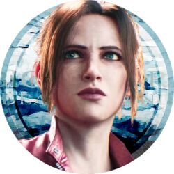 Rule 34 | 1girl, :|, profile picture, claire redfield, close-up, closed mouth, commentary request, green eyes, jacket, logo, lowres, official art, parted bangs, ponytail, red jacket, resident evil, resident evil: death island, short hair, solo, transparent background, upper body