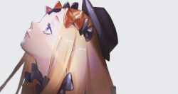 Rule 34 | 1girl, abigail williams (fate), black bow, black hat, blonde hair, blue eyes, bow, close-up, commentary request, expressionless, fate/grand order, fate (series), grey background, hair bow, hat, keyhole, long hair, looking up, multiple hair bows, orange bow, ota (ota-0000), simple background, solo