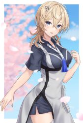 Rule 34 | 1girl, absurdres, black shirt, black skirt, blonde hair, blue eyes, blue necktie, blush, border, cherry blossoms, collared shirt, commentary, cowboy shot, dress, hair between eyes, hair ornament, hairclip, highres, kantai collection, long hair, looking at viewer, monoku, necktie, open mouth, shirt, short sleeves, skirt, smile, solo, tuscaloosa (kancolle), white border, white dress, white necktie