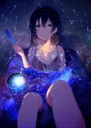 Rule 34 | 1girl, achiki, bad id, bad twitter id, ball, bare legs, bare shoulders, bikini, bikini top only, bikini under clothes, black bikini, black hair, blouse, blurry, blurry background, blush, breasts, chromatic aberration, collarbone, dark, expressionless, feet out of frame, food, glowing, gradient background, hair between eyes, hand up, holding, holding food, light particles, long hair, looking at viewer, looking up, medium breasts, original, parted lips, partially submerged, popsicle, purple eyes, see-through, shirt, sidelocks, sitting, small breasts, solo, star (sky), swimsuit, swimsuit under clothes, water, wet, wet clothes, wet shirt, white shirt
