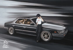 Rule 34 | 1girl, absurdres, artist name, black footwear, black hair, black pants, bokuya, car, commentary request, commission, grey hair, highres, looking at viewer, motor vehicle, multicolored hair, nissan, nissan laurel, original, pants, red eyes, shirt, shoes, short hair, signature, skeb commission, solo, standing, t-shirt, thank you, two-tone hair, vehicle focus, watermark, white shirt, wide shot