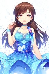Rule 34 | 1girl, bare shoulders, breasts, brown eyes, brown hair, collarbone, commentary request, dress, earrings, flower, highres, idolmaster, idolmaster cinderella girls, idolmaster cinderella girls starlight stage, jenevan, jewelry, long hair, looking at viewer, medium breasts, multicolored clothes, multicolored dress, nitta minami, open mouth, pink flower, smile, solo, white background