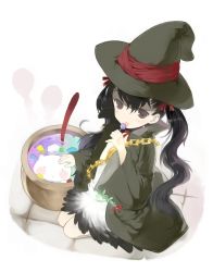 Rule 34 | black hair, brown eyes, candy, chain, dress, food, from above, hat, kurasuke, licking, long hair, original, pot, ribbon, robe, solo, twintails, witch hat