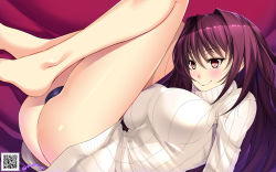 Rule 34 | 1girl, ass, bare legs, barefoot, black panties, breasts, covered erect nipples, fate/grand order, fate (series), highres, large breasts, long hair, lying, on back, panties, purple eyes, purple hair, ribbed sweater, scathach (fate), scathach (fate), solo, sweater, tsurugi ai (seikan hitchhiker), underwear
