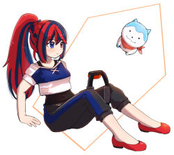 Rule 34 | 1girl, alear (female) (fire emblem), alear (fire emblem), black undershirt, blue eyes, blue hair, closed mouth, crop top, crop top overhang, exercising, fire emblem, fire emblem engage, heterochromia, kutabireta neko, multicolored hair, nintendo, official alternate costume, official alternate hairstyle, pants, ponytail, red eyes, red hair, ring-con, ring fit adventure, shoes, solo, sommie (fire emblem), split-color hair, sweatpants, training outfit (fire emblem engage), two-tone hair, undershirt, white background, workout clothes