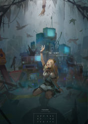 Rule 34 | 1girl, absurdres, bird, black bow, black bowtie, blonde hair, bow, bowtie, building, chain, chained, closed eyes, commentary, crown, english text, hand up, highres, long hair, open mouth, original, shirt, short sleeves, sign, silhouette, sitting, skirt, solo focus, thighs, underwater, wariza, warning sign, white shirt, white skirt, wrist cuffs, zzz (orchid-dale)