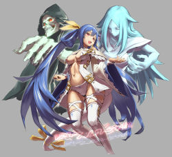 Rule 34 | 1boy, 2girls, :d, alternate color, asymmetrical wings, blue hair, breasts, center opening, detached sleeves, dizzy (guilty gear), grey background, guilty gear, guilty gear xrd, hair ribbon, large breasts, long hair, monster girl, multiple girls, navel, necro (guilty gear), open mouth, panties, red eyes, ribbon, simple background, skull, smile, tail, tail ornament, tail ribbon, thighhighs, underboob, underwear, undine (guilty gear), very long hair, white legwear, white panties, wide sleeves, wings, yellow ribbon, zaki (narashigeo)