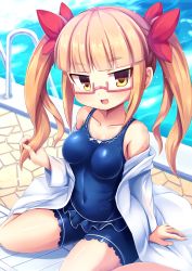 Rule 34 | 10s, 1girl, :d, arm support, bare legs, bare shoulders, blue one-piece swimsuit, blunt bangs, blush, breasts, collarbone, drain (object), frilled one-piece swimsuit, frills, hair ribbon, hand in own hair, highres, idolmaster, idolmaster cinderella girls, ikebukuro akiha, lab coat, light brown hair, long hair, looking at viewer, medium breasts, navel, off shoulder, one-piece swimsuit, open mouth, pool, pool ladder, poolside, red ribbon, ribbon, sidelocks, sitting, skin tight, smile, solo, swimsuit, tatuyayosi, tsurime, twintails, wariza, water, wet, yellow eyes