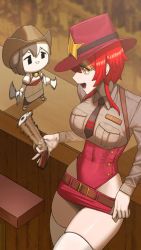 Rule 34 | 2girls, animal ears, animated, belt, breasts, brown hair, character name, cowboy hat, dc (makezzal), dog ears, eye contact, gun, hachiko of castling, handgun, hat, iron annie, large breasts, last origin, looking at another, microskirt, mini hachiko (last origin), multicolored hair, multiple girls, name tag, necktie, open mouth, pistol, red hair, revolver, sidelocks, skindentation, skirt, smile, thighhighs, twirling gun, twirling weapon, two-tone hair, ugoira, weapon, white hair, white legwear, yellow eyes