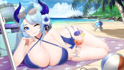 Rule 34 | 1girl, animal ears, ball, beach, beach towel, beachball, black bow, blue eyes, blue flower, blue hair, blue one-piece swimsuit, bow, breasts, cleavage, cocktail glass, cocktail umbrella, commission, cooler, cow ears, cow girl, crazy straw, criss-cross halter, cup, drinking glass, drinking straw, earrings, eyewear on head, flower, food, fruit, glasses, hair bow, hair flower, hair ornament, halterneck, heart straw, holding, holding cup, horns, indie virtual youtuber, innertube, jewelry, kaiend, large breasts, lemon, lemon slice, miilkywayz, mole, mole on breast, mole under eye, mole under mouth, ocean, one-piece swimsuit, one eye closed, palm tree, purple horns, sand castle, sand sculpture, shadow, shore, sparkling eyes, star (symbol), star print, striped, striped bow, swim ring, swimsuit, towel, tree, unworn footwear, virtual youtuber