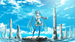 Rule 34 | cloud, day, detached sleeves, hatsune miku, highres, kouji (astral reverie), long hair, music, singing, sky, solo, thighhighs, twintails, very long hair, vocaloid, water, zettai ryouiki