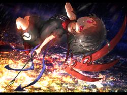 Rule 34 | 1girl, absurdres, black hair, black socks, bow, bowtie, breasts, cityscape, covered erect nipples, dress, flying, highres, holding, holding weapon, houjuu nue, kneehighs, looking at viewer, niwarhythm, rain, red eyes, small breasts, smile, socks, solo, touhou, weapon