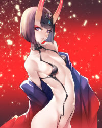 Rule 34 | 1girl, ban! (bansankan), bob cut, breasts, commentary request, eyeshadow, fate/grand order, fate (series), headpiece, highres, hip focus, horns, japanese clothes, jewelry, kimono, looking at viewer, looking to the side, makeup, navel, off shoulder, oni, open clothes, open kimono, parted lips, purple eyes, purple hair, purple kimono, revealing clothes, short eyebrows, short hair, shuten douji (fate), shuten douji (first ascension) (fate), skin-covered horns, small breasts, solo, standing