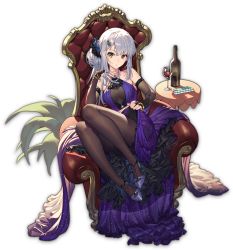 Rule 34 | 1girl, alcohol, black dress, bottle, closed mouth, cup, dress, drinking glass, frown, full body, green eyes, grey hair, long hair, looking at viewer, mahjong soul, multicolored clothes, multicolored dress, official art, purple dress, sitting, solo, tachi-e, throne, transparent background, wine, wine bottle, wine glass, yagi yui, yostar