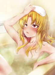 Rule 34 | 1girl, akatsuki uni, ankoku kishi m, arm rest, arm up, armpit crease, bath, bathing, bathtub, blonde hair, blush, breasts, collarbone, completely nude, convenient censoring, holding, holding towel, leaning back, long hair, looking up, nude, parted bangs, parted lips, partially submerged, red eyes, shiny skin, small breasts, solo, steam, sweat, towel, towel on head, uni create, virtual youtuber, white towel