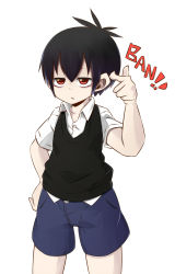 Rule 34 | 1boy, black hair, blood lad, child, gesture, hand on own hip, male focus, red eyes, shorts, simple background, solo, vlad charlie staz, white background, aged down