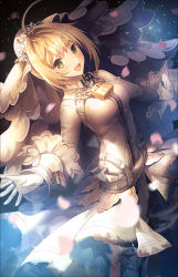 Rule 34 | 10s, 1girl, ahoge, belt, blonde hair, blurry, blush, bodysuit, breasts, bridal veil, chain, closed mouth, depth of field, dutch angle, fate/extra, fate/extra ccc, fate (series), flower, gloves, green eyes, hair flower, hair intakes, hair ornament, hand up, light smile, lock, looking at viewer, medium breasts, nero claudius (bride) (fate), nero claudius (fate), nero claudius (fate) (all), open mouth, padlock, revision, short hair with long locks, showgirl skirt, smile, solo, veil, white bodysuit, white flower, white gloves, yunohito
