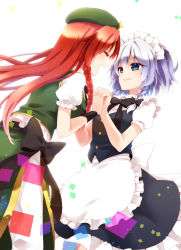 Rule 34 | 2girls, apron, blue eyes, bow, braid, chitose (usacan), face-to-face, holding hands, hat, highres, hong meiling, interlocked fingers, izayoi sakuya, laughing, looking at another, maid, maid apron, maid headdress, multiple girls, open mouth, puffy short sleeves, puffy sleeves, red hair, short hair, short sleeves, silver hair, smile, touhou, twin braids, waist apron, white background