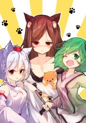 Rule 34 | 3girls, animal, animal ears, bamboo broom, bare shoulders, blush, breasts, broom, brown hair, chiroru (cheese-roll), cleavage, commentary, detached sleeves, dress, green eyes, green hair, hat, highres, holding, holding animal, holding broom, imaizumi kagerou, inubashiri momiji, japanese clothes, kasodani kyouko, kimono, large breasts, long hair, long sleeves, looking at viewer, medium breasts, multiple girls, nose blush, off-shoulder dress, off shoulder, one eye closed, open mouth, parted lips, paw print, pom pom (clothes), red eyes, short hair, skirt, small breasts, swept bangs, tokin hat, touhou, white hair, wide sleeves, wolf ears