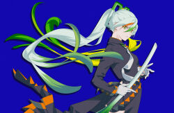 Rule 34 | 1girl, absurdres, blue background, blurry, closed mouth, coat, commentary request, creatures (company), fighting miku (project voltage), film grain, floating hair, from side, game freak, gcckg, gloves, green eyes, hatsune miku, highres, holding, long hair, long sleeves, looking to the side, multicolored hair, necktie, nintendo, pokemon, project voltage, solo, spring onion, streaked hair, twintails, vocaloid, white gloves