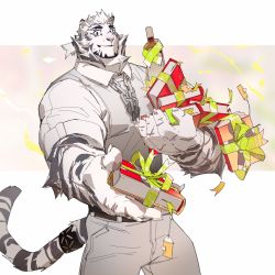 Rule 34 | 1boy, animal ears, arknights, bara, chain, chain necklace, christmas, furry, furry male, gift, highres, jewelry, large pectorals, male focus, mountain (arknights), muscular, muscular male, necklace, pectorals, scar, scar across eye, scar on arm, scar on face, tail, tiger boy, tiger ears, tiger stripes, white fur, wincalblanke