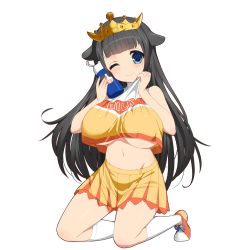 Rule 34 | 1girl, ;), animal ears, animal print, artist request, bare shoulders, black hair, blue eyes, blunt bangs, blush, bottle, breasts, canister, cheerleader, clothes lift, clothes pull, clothes writing, cow ears, cow horns, cow print, crop top, crop top overhang, english text, eyebrows, full body, gem, hair flaps, halterneck, hands up, head tilt, holding, horns, kneehighs, kneeling, kusaka souji, lace, large breasts, legs apart, lifted by self, light smile, long hair, looking at viewer, midriff, miniskirt, miru holstein, nail polish, navel, no bra, one eye closed, orange footwear, pink nails, pleated skirt, red gemstone, shirt, shirt lift, shirt pull, shoes, skirt, sleeveless, sleeveless shirt, smile, sneakers, socks, solo, straight hair, sweat, tiara, tiptoes, transparent background, turtleneck, uchi no hime-sama ga ichiban kawaii, underboob, very long hair, water bottle, white background, white shirt, white socks, yellow shirt, yellow skirt
