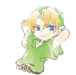 Rule 34 | 1boy, arms behind head, arms up, belt, blonde hair, blue eyes, child, green hat, green shirt, hair intakes, happy, hat, link, looking at viewer, male focus, nintendo, parted lips, shirt, short hair, short sleeves, sidelocks, simple background, sketch, smile, solo, the legend of zelda, the legend of zelda: ocarina of time, ukata, upper body, v-shaped eyebrows, white background, young link