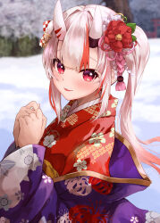 Rule 34 | 1girl, alternate costume, blurry, blurry background, flower, hair flower, hair ornament, haori, hololive, japanese clothes, kimono, konkito, long hair, long sleeves, looking at viewer, multicolored hair, nakiri ayame, oni, print kimono, red eyes, red flower, red hair, red kimono, smile, snow, solo, two-tone hair, upper body, virtual youtuber, white hair