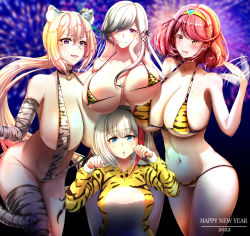 Rule 34 | 4girls, admiral graf spee (azur lane), alternate costume, animal costume, animal ears, animal print, azur lane, bell, bikini, black choker, blonde hair, blue eyes, blurry, blurry background, breast rest, breasts, breasts apart, breasts on head, choker, covered erect nipples, crossover, dunkerque (azur lane), eyes visible through hair, fake animal ears, fake tail, fireworks, grey hair, hair between eyes, hand on own cheek, hand on own face, happy new year, huge breasts, kawakami mai, large breasts, leaning forward, leg up, long hair, looking at viewer, medium hair, mole, mole under eye, multicolored hair, multiple crossover, multiple girls, musaigen no phantom world, navel, neck bell, new year, one-piece swimsuit, paw pose, ponytail, purple eyes, pyra (xenoblade), red hair, rendezvouz&#039;s alba, short hair, single thighhigh, skindentation, slingshot swimsuit, string bikini, swimsuit, tail, thighhighs, tiara, tiger costume, tiger print, tiger stripes, two-tone hair, very long hair, xenoblade chronicles (series), xenoblade chronicles 2, yellow eyes