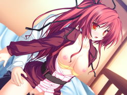 Rule 34 | 1girl, bed, bra, bra pull, breasts, censored, clothes pull, from behind, game cg, highres, lingerie, magus tale, medium breasts, mosaic censoring, nipples, open clothes, open shirt, ponytail, red eyes, red hair, reverse upright straddle, seera finis victoria, sex, sex from behind, shirt, sitting, solo focus, tenmaso, underwear, yellow bra