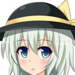 Rule 34 | 1girl, black hat, blush, commentary request, gin&#039;you haru, green eyes, green hair, hat, hat ribbon, komeiji koishi, looking at viewer, open mouth, portrait, profile picture, ribbon, short hair, simple background, solo, touhou, upper body, white background, yellow ribbon