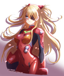 Rule 34 | 10s, 1girl, artist name, backlighting, blonde hair, blue eyes, blue hair, bodysuit, bracer, breasts, breasts apart, closed mouth, cowboy shot, cropped legs, evangelion: 3.0 you can (not) redo, expressionless, eyepatch, floating hair, from side, glowing, gradient background, grey background, hair between eyes, hair ornament, headgear, unworn headwear, helmet, unworn helmet, hobak, holding, holding helmet, legs together, long hair, matching hair/eyes, medium breasts, neon genesis evangelion, parted bangs, pilot suit, plugsuit, rebuild of evangelion, shadow, shiny clothes, solo, souryuu asuka langley, standing, tape, thigh gap, turtleneck, two side up, very long hair, watermark, web address, white background