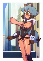 Rule 34 | 1girl, alternate costume, animal ear fluff, animal ears, arm guards, assisted exposure, belt, black footwear, black hair, black jacket, black leotard, blue hair, blush, bob cut, body fur, boots, border, brand new animal, breasts, breasts out, bright pupils, brown fur, building, cleft of venus, clenched hand, clothes grab, commentary, commission, covered erect nipples, dark-skinned female, dark skin, disembodied limb, embarrassed, english commentary, fang, frontal wedgie, fur-trimmed hood, fur-trimmed leotard, fur trim, furry, furry female, grabbing, green eyes, groin, hair between eyes, heattech leotard, highres, hood, hood down, hooded leotard, inverted bob, jacket, kagemori michiru, knee boots, leotard, long sleeves, looking ahead, looking at another, loose belt, medium breasts, multicolored hair, multiple belts, no bra, no panties, nose blush, on roof, open mouth, outdoors, outside border, partially visible vulva, public indecency, raccoon ears, raccoon girl, raccoon nose, raccoon tail, raised eyebrows, red eyes, short hair, single boot, solo focus, standing, surprised, tail, tanquito, tanquito kun, thick eyebrows, turtleneck, two-tone eyes, two-tone hair, wavy mouth, white border, white pupils, wide-eyed