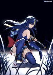 Rule 34 | 1girl, artist name, back bow, bare shoulders, black horns, blonde hair, blue hair, blue kimono, blue thighhighs, blunt bangs, bow, cherry blossom print, creatures (company), dark blue hair, detached sleeves, floral print, from behind, game freak, garchomp, gen 4 pokemon, highres, horns, japanese clothes, katana, kimono, multicolored hair, nessu (nnn07897), nintendo, obi, personification, pokemon, red bow, red sash, sandals, sash, sheath, sleeveless, sleeveless kimono, solo, squatting, streaked hair, sword, tabi, thighhighs, thighs, twitter username, unsheathing, weapon, wide sleeves, yellow eyes, zettai ryouiki, zouri